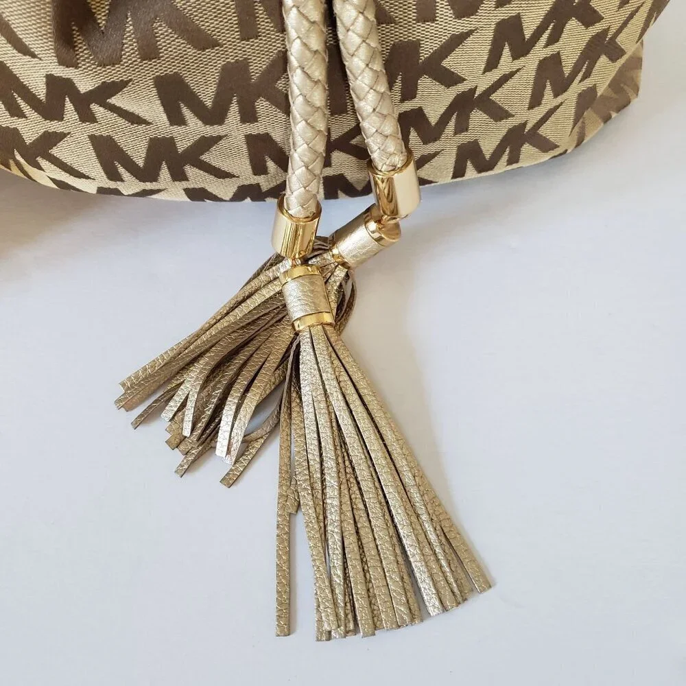 Michael Kors Jet Set Large Signature Gathered Hobo Satchel Tote Gold and Brown